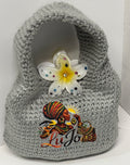 Grey handmade crochet handbag with a flower detail