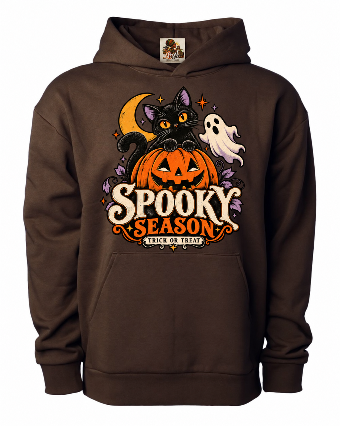 Bring a little spooky charm to chilly autumn nights. This cozy brown hoodie features a playful black cat perched on a jack-o’-lantern, with a friendly ghost and “Spooky Season” artwork in festive orange, cream, and purple. A fun pick for Halloween outings, pumpkin patch visits, or everyday fall wear.