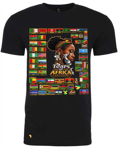 Black Tears of Africa T-shirt printed with African flags around a portrait design